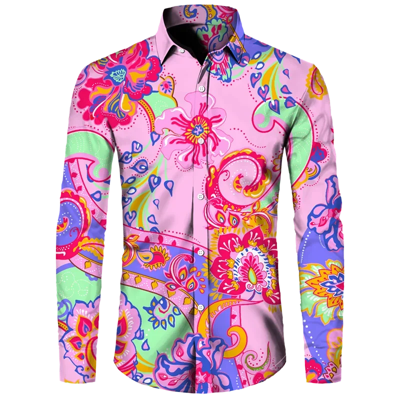 thumbnail image 1 of Camisa de moda para hombre, estampado 3D de flores de anacardo de cachemira, cuello vuelto, botones, manga larga, ropa de calle vintage para hombre y mujer, 1 of 5