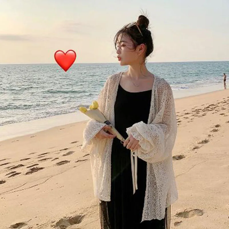 여성용 얇은 자외선 차단 가디건, 한국 레이스업 오픈 워크 블라우스, 홀리데이 비치 데일리 긴팔 블라우스, 여름 달콤한
