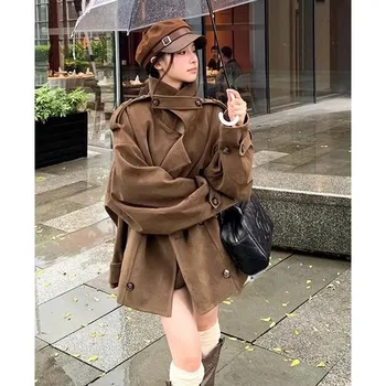 Top autunno inverno da donna cappotto colletto in piedi pelle scamosciata vintage semplice confortevole sciolto design casual moda nicchia versatile 1