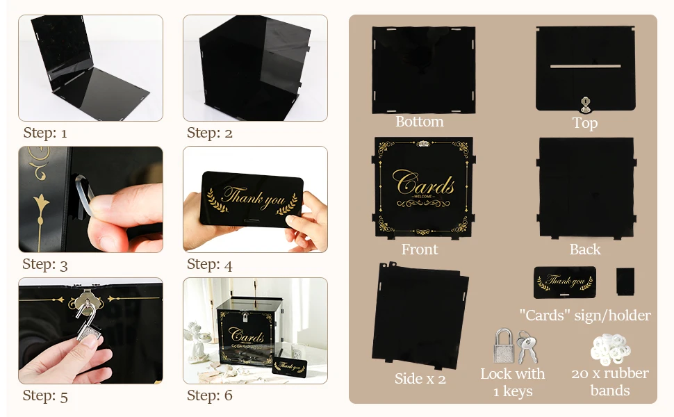 Description Picture 4 of itemBlack Acrylic Wedding Card Box Gift for Wedding Reception, DIY Wedding Envelope Money Card Box for Wedding Decorations