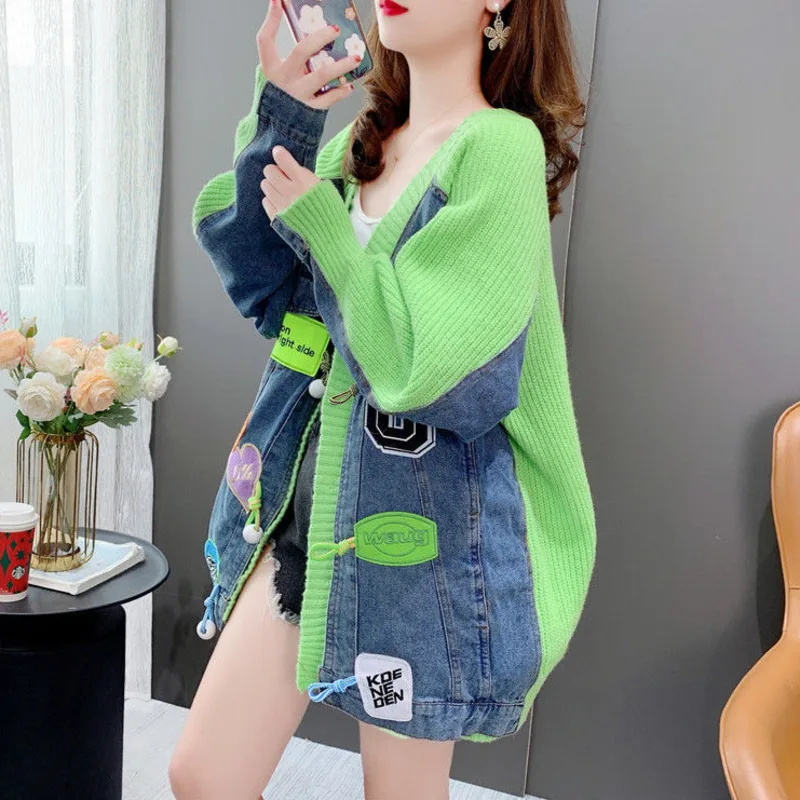 

#4047 False Two Piece Knitted Cardigan Coat Women Split Joint Denim Sweater Coat Batwing Sleeve Streetwear Cardigan Loose Winter