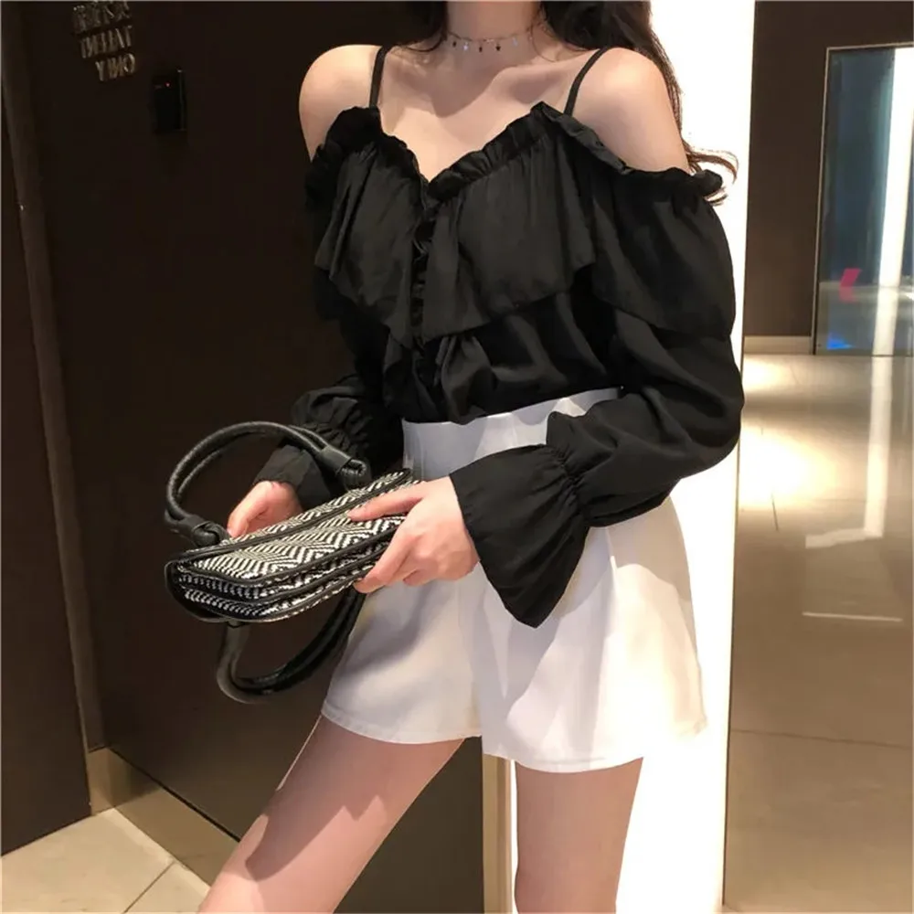 Y2K Ruffles Sexy Off Shoulder Blouses Women Party Design Stylish Ulzzang Long Sleeve Harajuku Solid All-match Soft Ins Crop Tops 3