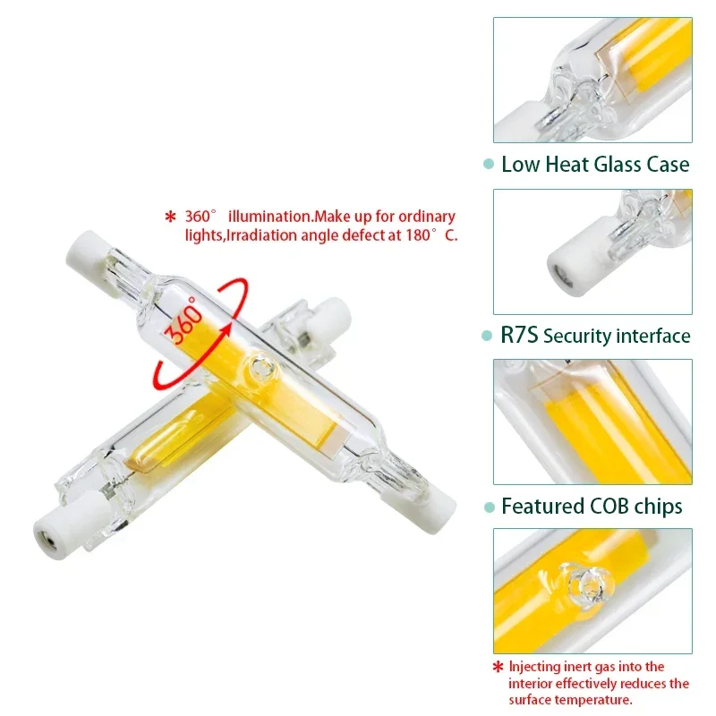 LED R7s COB 유리관, Lampada LED 램프, 옥수수 전구, 가정용 할로겐 램프 교체, 5W, 10W, 20W, 78mm, 118mm, J78, J118, AC 220V, 110V