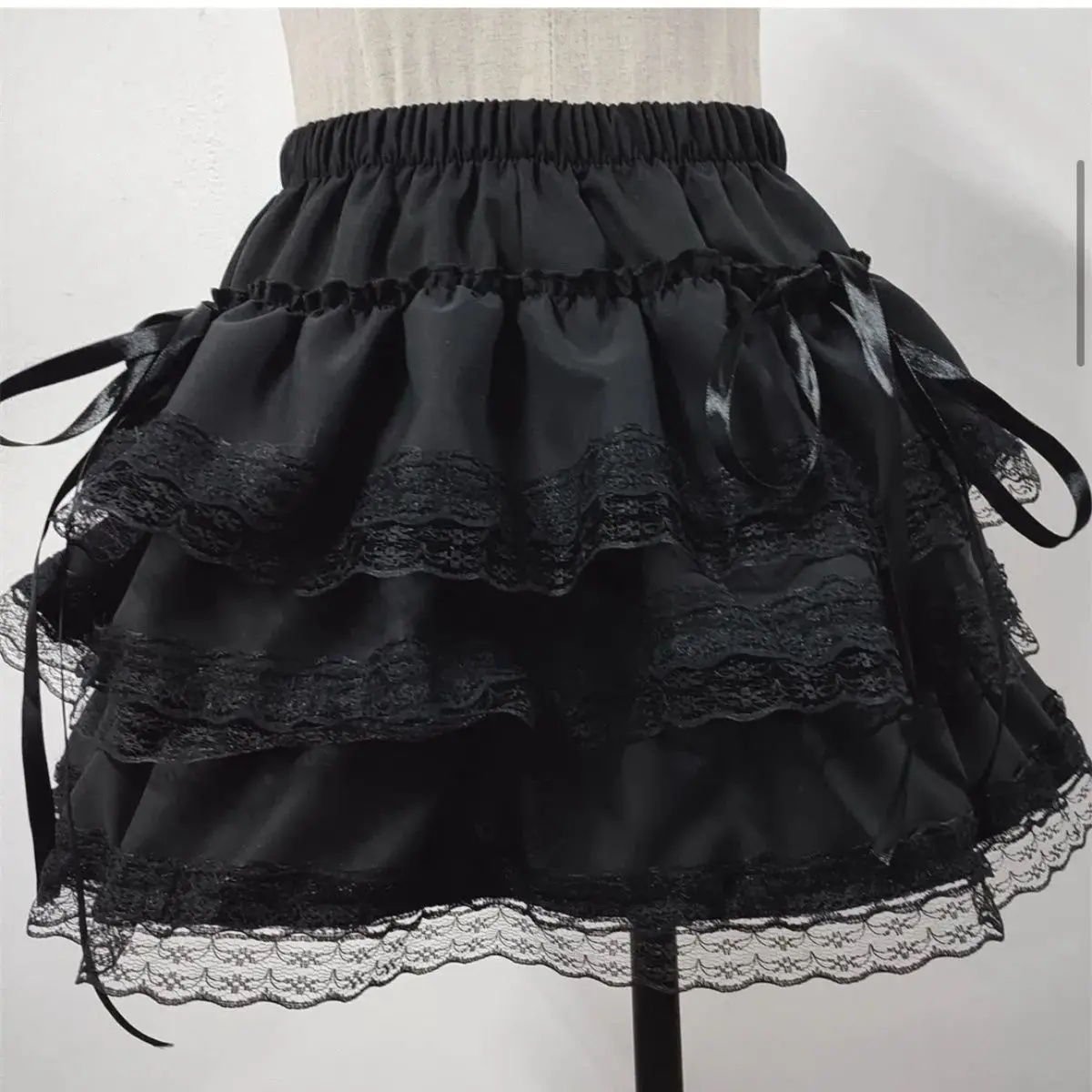 Black Lace Trim Layered Ruffle Mini Skirt Women Gothic Lolita Satin Bow Decor Elastic Waist A-line Short Skirt for Teens 2026 - Image 2