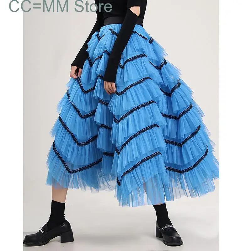

Spring Women Lace Cake Blue Skirt Mesh Long Length High Waist Fluffy Color Block Female Party Skirts