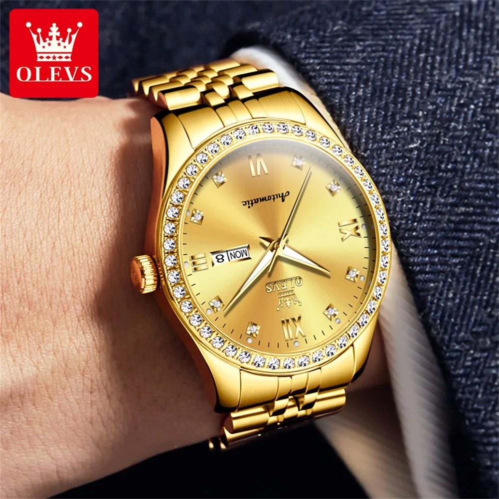OLEVS 7012 Man Automatic Watch Dual Calendar Diamond Scale Mechanical Watch For Men Luxury Waterproof Luminous Dress Wristwatch