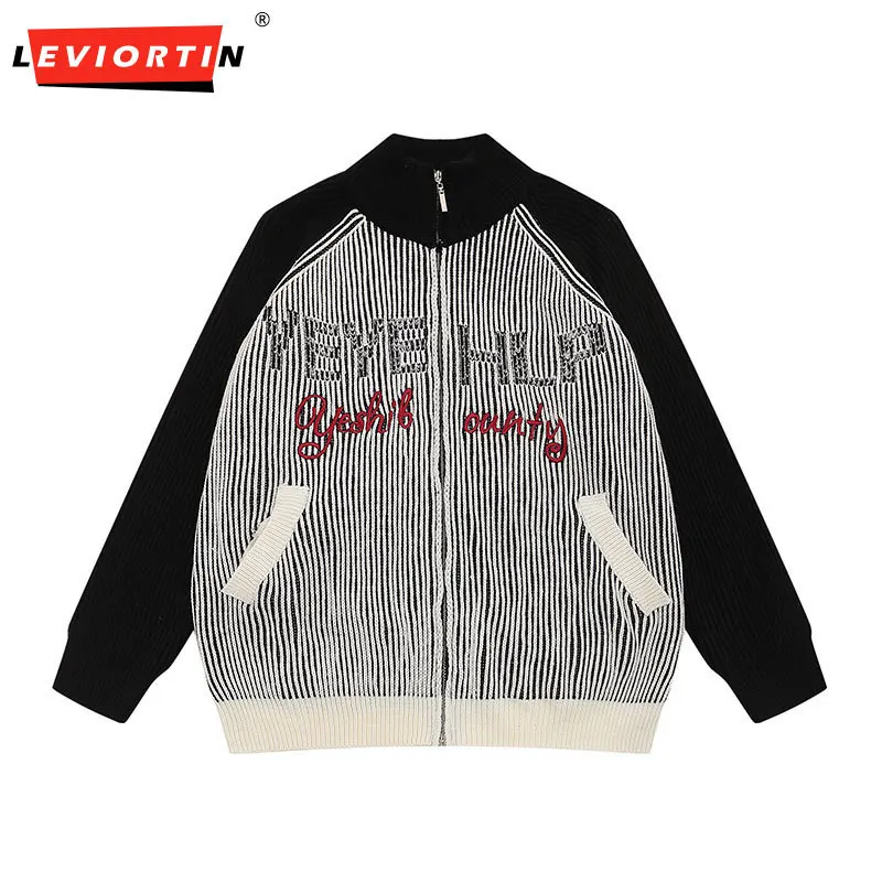 

Vertical Stripes Knitted Sweatercoat Mens Letter Embroidery Casual Loose Stand Collar Raglan Long Sleeve Outerwear Men