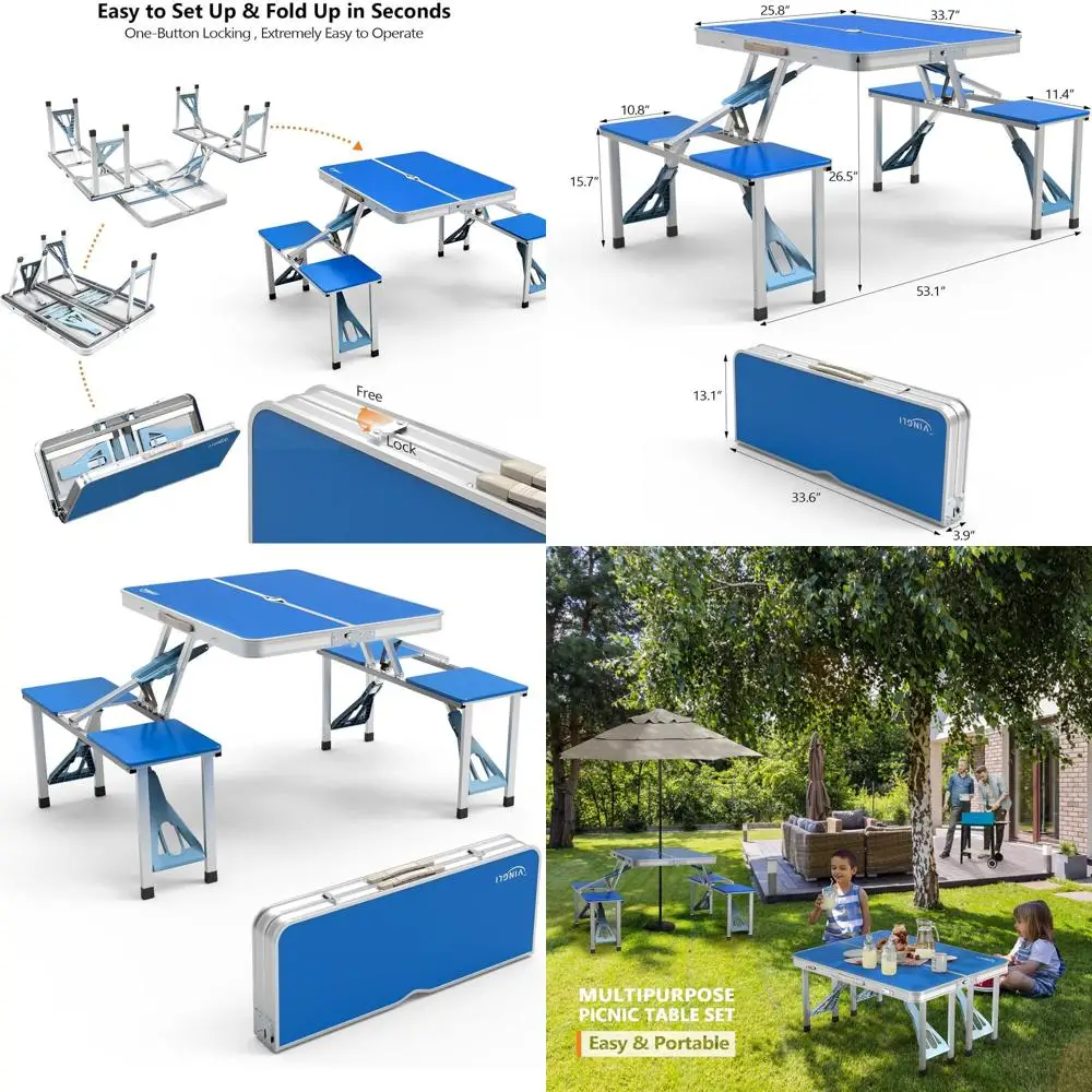 Portable Folding Picnic Table with 4 Seats, Umbrella Hole, 220 lbs Capacity, Aluminum Frame, Plastic Top for Outdoor Use-Green