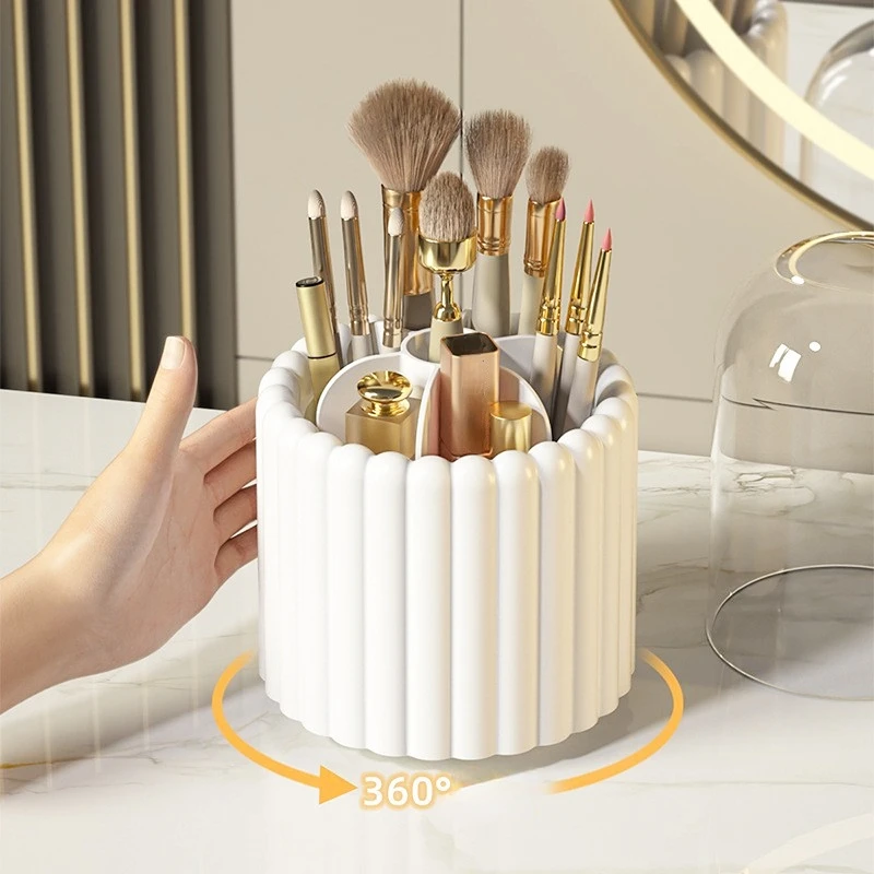 360 Degree Rotating Makeup Brush Organizer with Lid Dustproof Mist Eyebrow Pencil Brush Bucket Dresser 2