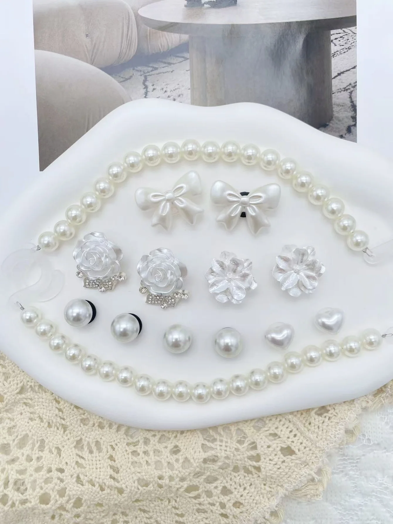 14-teilige weiße, lässige ABS-Perlenketten, Rose, Blume, ABS-Perle, Herz, Schleife, Schuhschnalle, DIY-Dekorationen, multifunktionale Sh – Detail 5