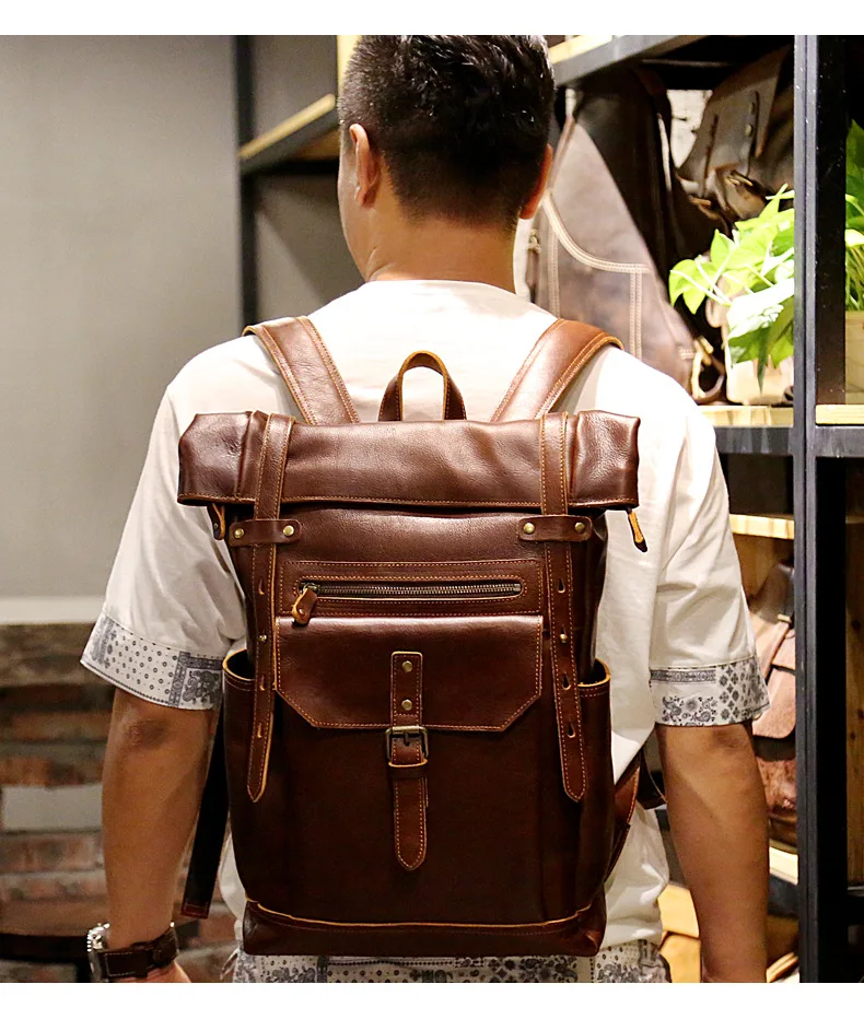 Leather Roll Top Backpack With Pockets