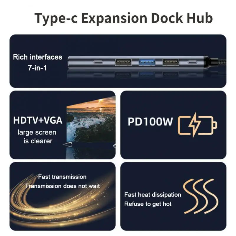 확장 도크 C타입 컨버터 알루미늄 합금 다기능 C타입, HDMI 호환, usb3.1, vga C타입 허브, Usb-c Pd 100W