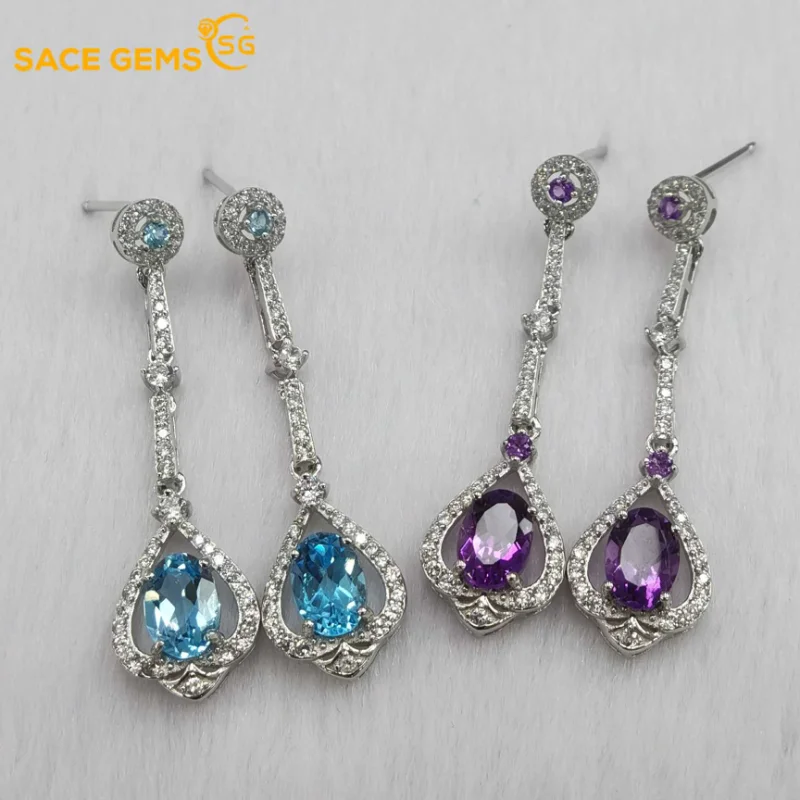 

SACE GEMS Earring for Women 925 Sterling Silver 5*7MM Swiss Blue Topaz Natual Amethyst Stud Earrings Fine Jewelry Eardrop