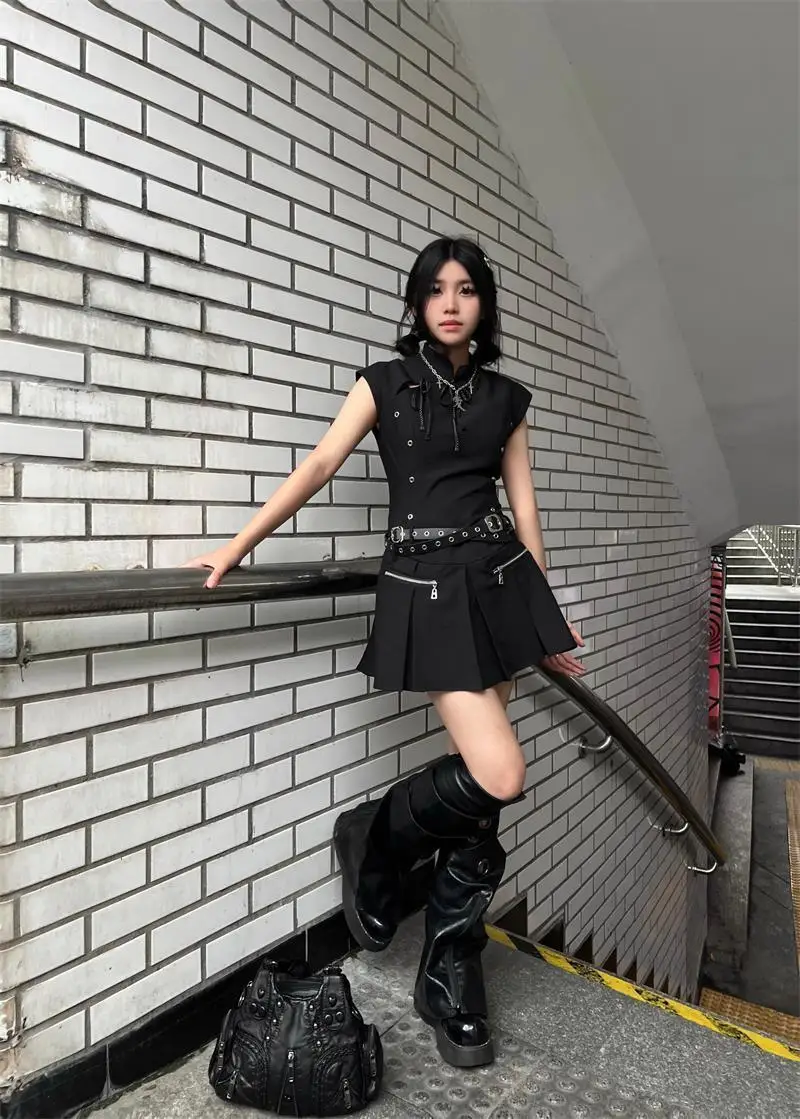 Vestido gótico de manga curta Y2K feminino, saia curta, vestidos vintage,  camisetas, streetwear, punk, menina, roupas de festa, anos 2000 - AliExpress, image size:800x1119