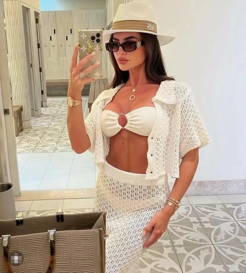 Knit Hollow Out 2 Piece-Set Long Skirt Women's Cropped Top Cardigan And High Waist Maxi Skirt Outfits Female Clothes