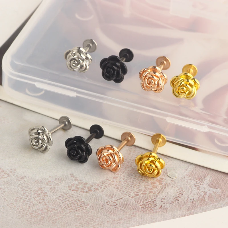 wholesales rose flower cartilage earrings helix barbell lip piercing stud stainless steel lip rings barbell daith jewelry