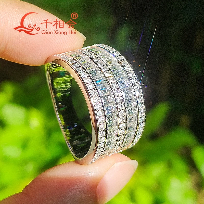 13mm small baguette two rows  Eternity Band  Sterling 925 Silver hip hop Moissanite Ring Men women  Diamonds Male fine Jewelry