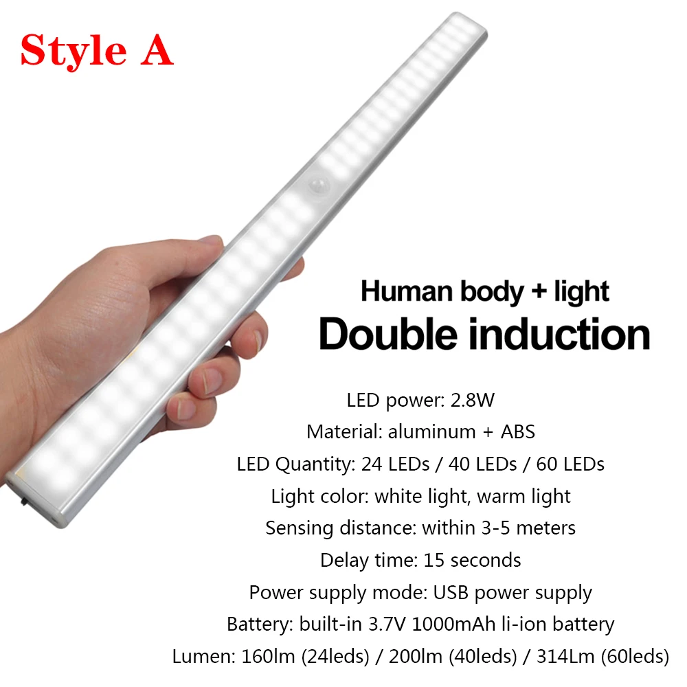 Description Picture 2 of itemLED Under Cabinet Light PIR Motion Sensor Night Light 19CM 10LED 40CM 60LED Kitchen Wardrobe Lamp Powered by USB/Battery