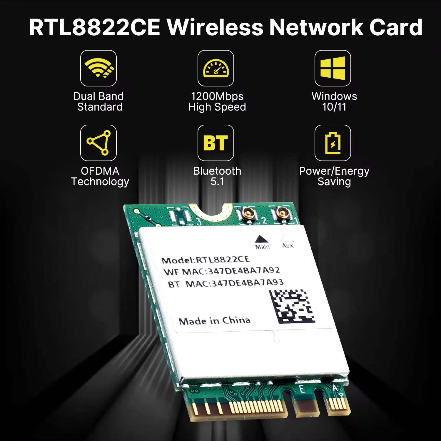thumbnail image 2 of WiFi Card PCIe Network Card, RTL8822CE Gigabit 2.4G 5G Dual Band Bluetooth 5.1 Wireless Network Card WiFi Module Network Adapter 2 of 12