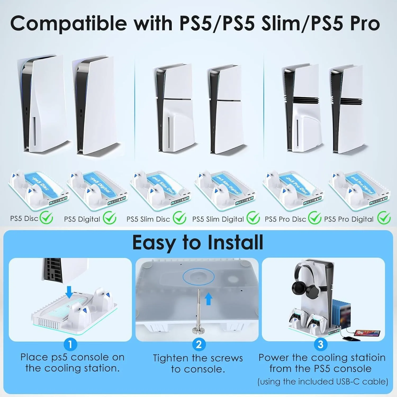 멀티 기능 PS5 쿨링 스테이션 (듀얼 컨트롤러 충전기, RGB LED 조명, 게임 홀더, PS5 슬림/프로용 USB 허브 포함)