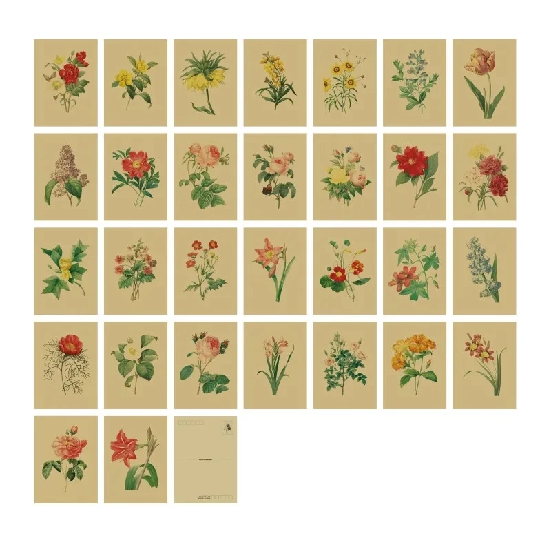 Reduute 페인팅 식물 그림 엽서, DIY 장미 백합 빈티지 인사 메시지 카드, 학생 선물, 24 매/세트