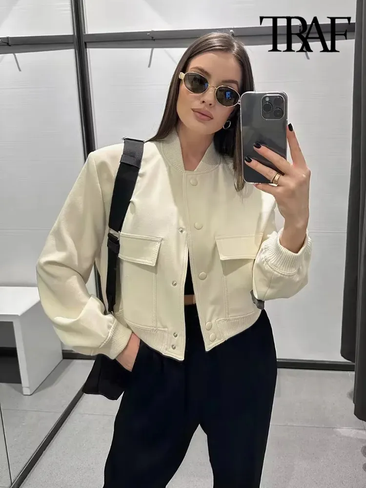 TRAF Women Fashion With Pockets Bomber Jacket Coats Vintage Long Sleeve Front Button Casual Female Outerwear Chic Tops - AliExpress