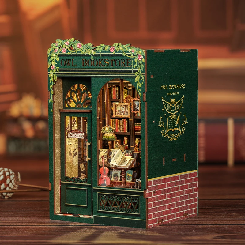 CUTEBEE DIY Book Nook Miniature Wooden Dollhouse with Lights Bookshelf Insert Kit 3D Bookend Decor Toys for Gifts Owl Bookstore 4