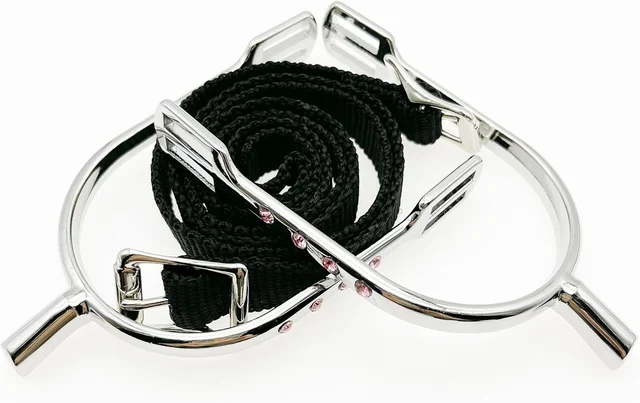1 Pair English Spurs with Straps for Women Zinc Alloy Chrome Plated Equestrian Spurs Round Spurs with Rhinestone 5