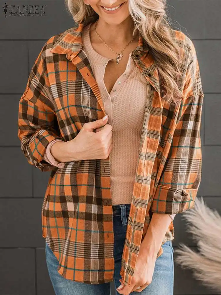 

ZANZEA Vintage Long Sleeve Tops Women Plaid Shirt 2024 Summer Holiday Cardigans Tops Tunics Casual Loose Turn Down Collar Blouse