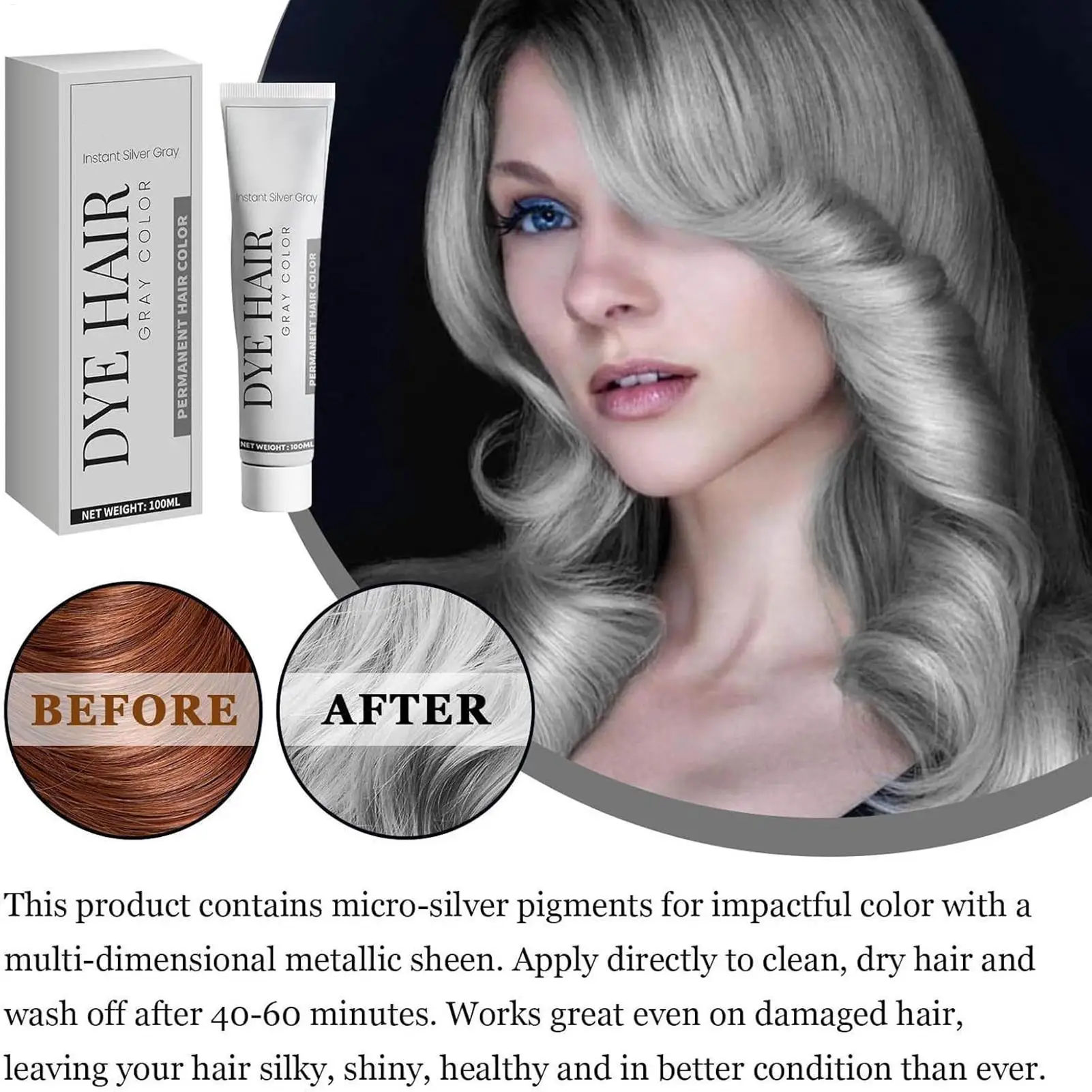 Tinta per capelli grigia unisex permanente, colore grigio argento, crema colorante a lunga durata, nutriente e naturale, per acconciature in stile punk. - immagine 4