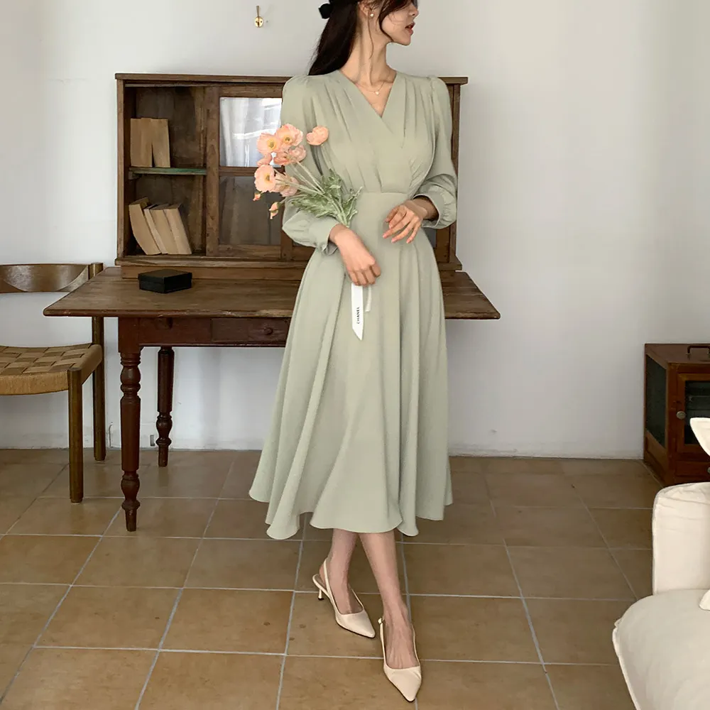 Korean Fashion Autumn Midi Dresses for Women Long Sleeves V-neck A-line Solid Casual Dress Office Lady Clothing New