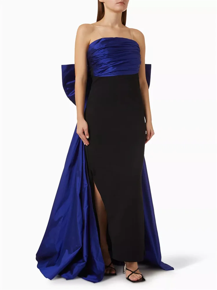 

New Arrival Strapless Square Neckline Straight Crepe Prom Dress Back Bow Sash Detail Floor Length High Slit Sweep Train Gowns