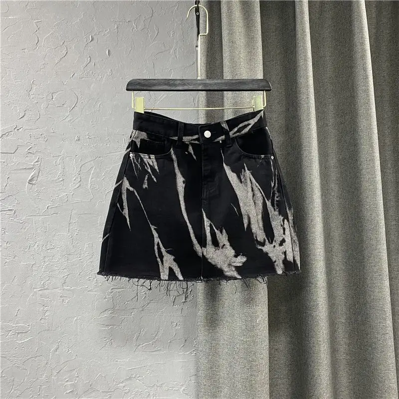 Spring and Summer New Korean Spice Girl Irregular Tie Dye High Waist Straight A-line Denim Wrap Hip Short 5