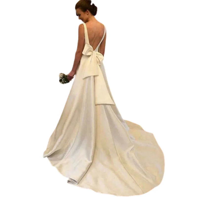 

wedding dresses for women 2022 bride Satin vestido de noiva hite Ivory Train Big Bow Belt V Back Beach robe de soirée de mariage