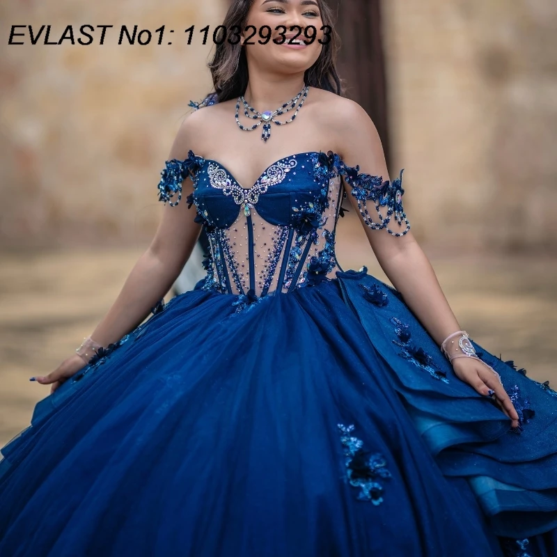 EVLAST Shiny Navy Blue Ball Gown Quinceanera Dress Floral Applique Beading Tiered Sweet 16 Vestidos De 15 Anos E1Q591