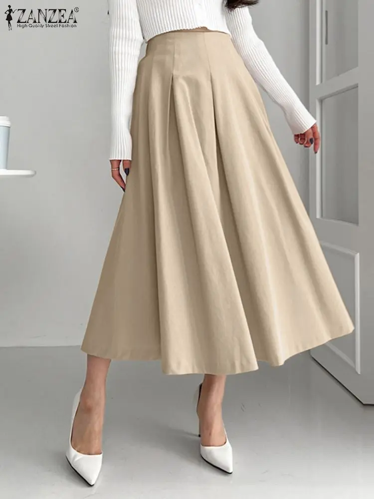 

2023 ZANZEA Summer Skirts Fashion Women High Waist Female Casual Party Work Faldas Saia Vestido Solid A-line Midi Skirt Jupe