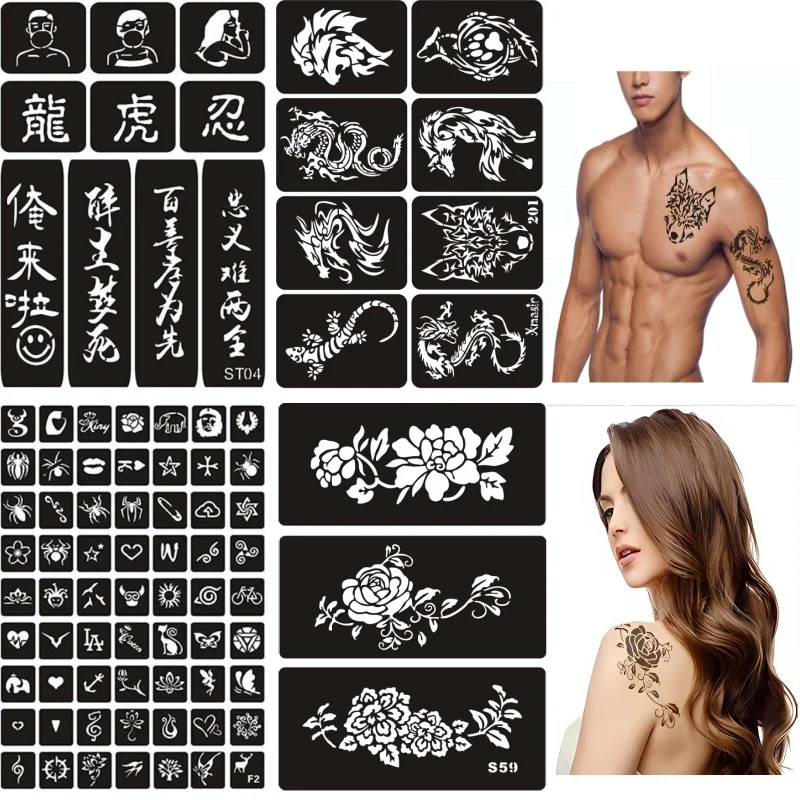 Reusable Henna Tattoo Stencils Totem Cross Feather Pattern Glitter Airbrush Stencils Templates for Man Women Teens Hand Arm Body
