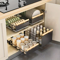 KIXOT Pull Out Organizer, Pull-out Dish Rack With Wooden Handle And Drain Tray, Multifunctional Single Layer Dish Drying Rack 1