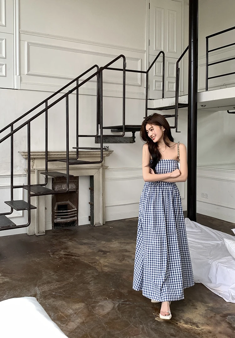 Casual Strapless Midi Dresses for Women Striped Sleeveless A-line Korean Chic Summer New Party Dress Vestidos Mujer