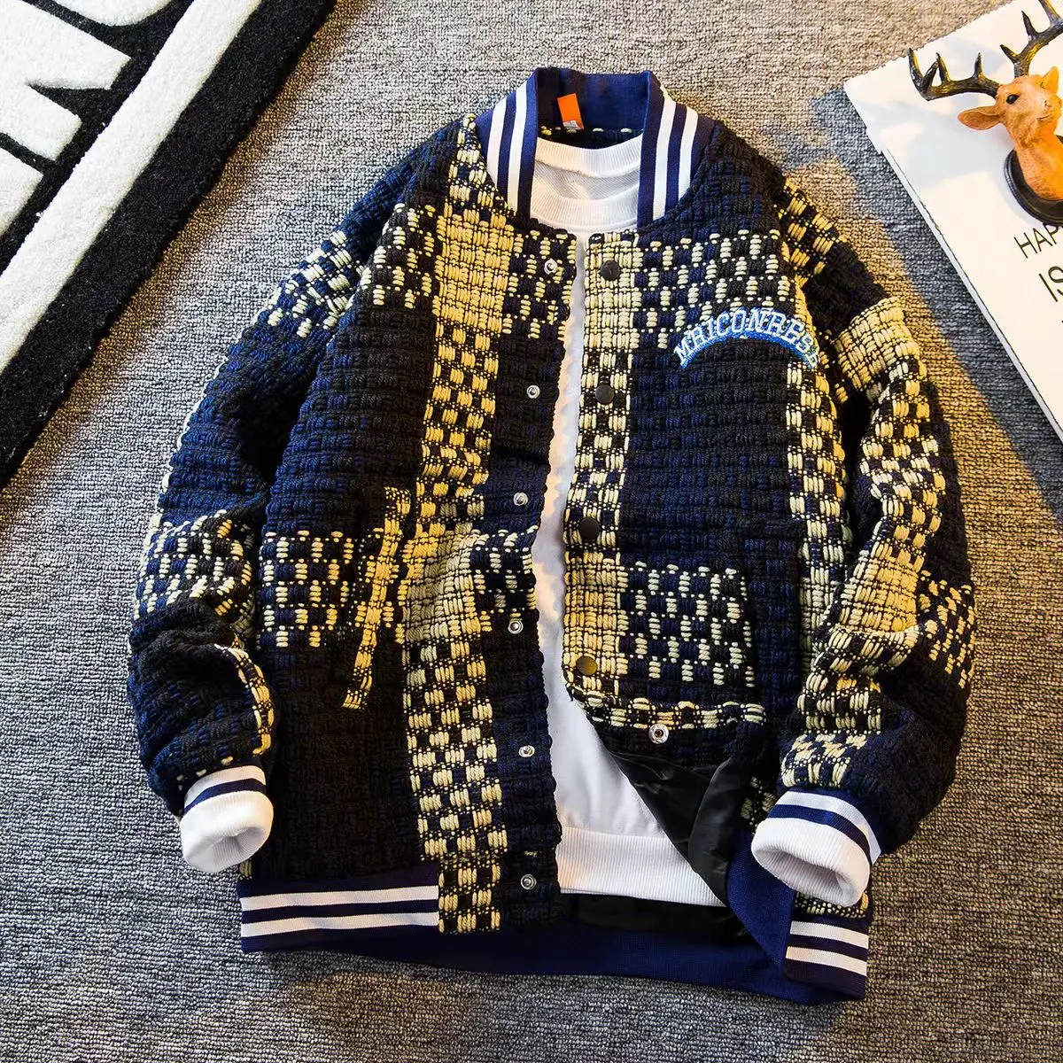 가을 겨울 신사복 카디건 싱글 브레스트 패션 니트 스웨터 스티치 Colorblock O 칼라 코트 Swearter Jackets