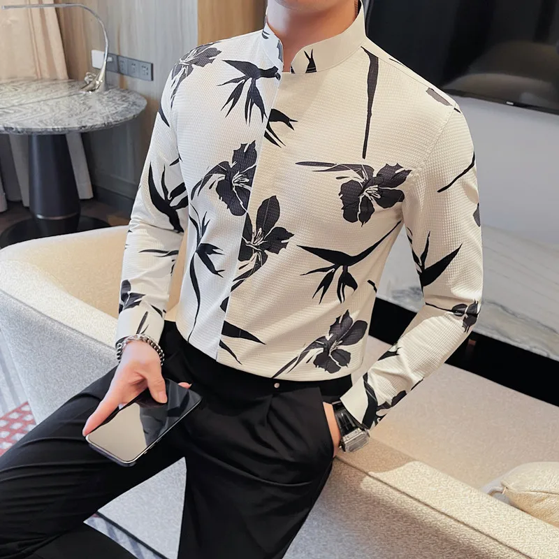Unique Chemise Homme Floral Printed Shirt Spring Long Sleeve Men Shirts  Fashion Social Dress Men Masculina Camisas Masculinas