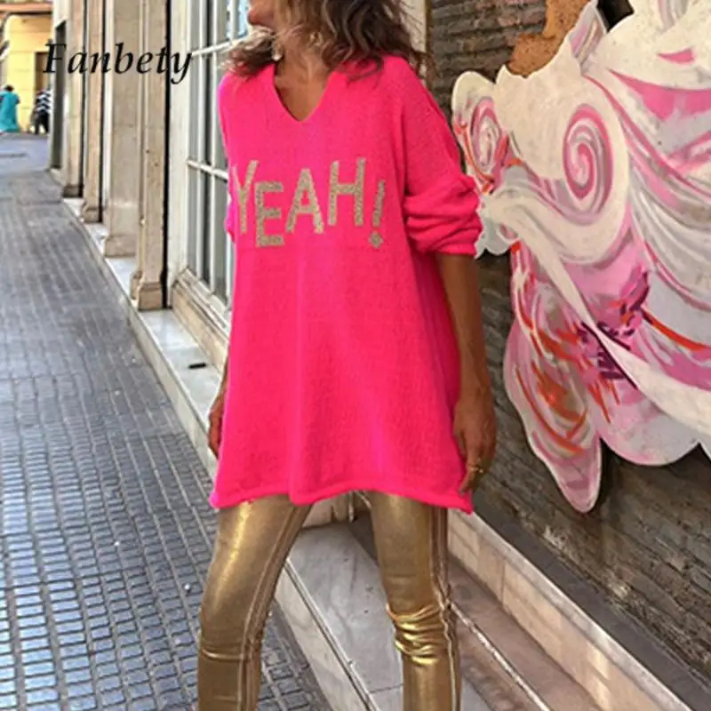

Fashion V Neck Hooded Women Knitted Sweater Casual Letter Print Loose Sweater Autumn Ladies Long Sleeve Solid Warm Pullover New