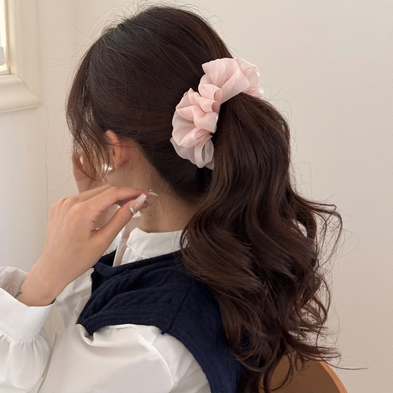 1PC Chiffon Flower Hair Scrunchies, 3 - Color Set (Black, Pink, White), Elegant Hair Ties for Women, Perfect for Ponytails