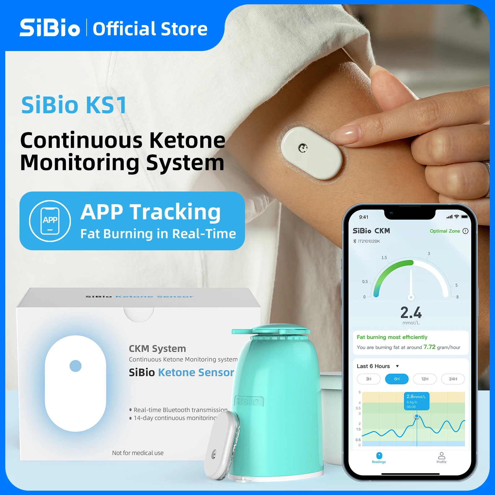 SiBio KS1 연속 케톤 모니터링 시스템, 24 시간 실시간 앱 추적, IPX8 방수 스포츠 추적, 케토시스 계량기