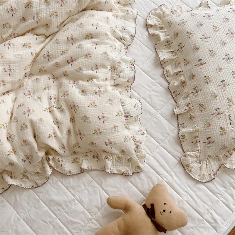 Cotton Muslin Baby Duvet Cover and Pillowcase Toddler Girls Floral Bedding Set
