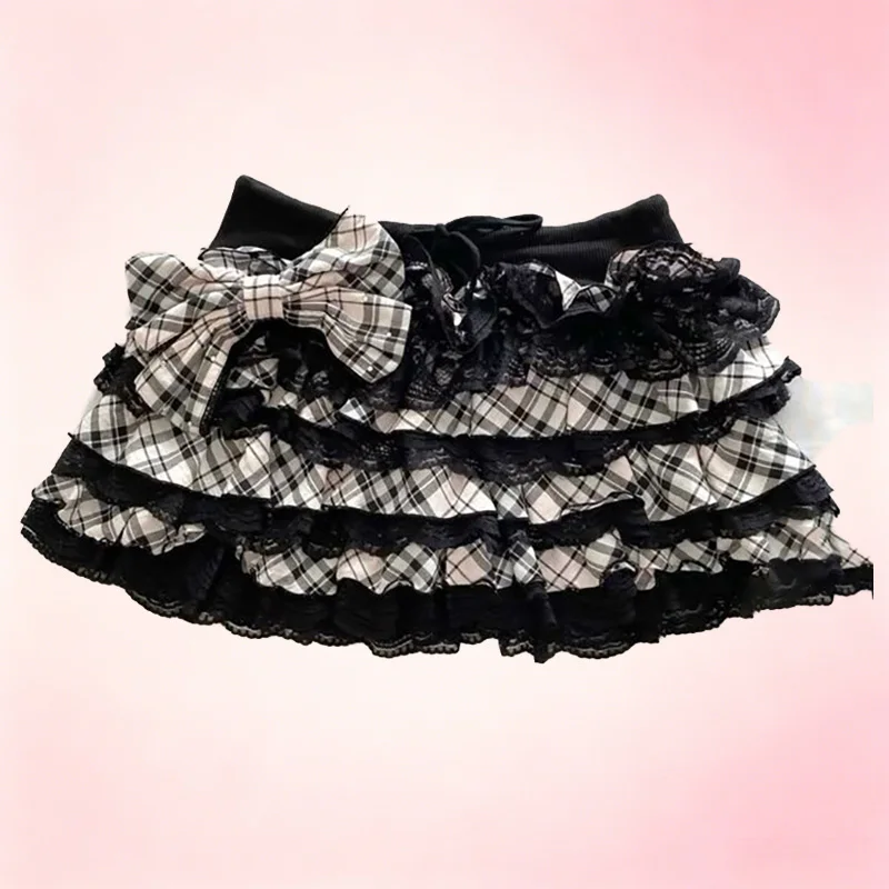 2 Styles Y2K Mini Skirts Set Women Pink Plaid Pleated Skort Black White Plaid Lace Bow Cake Skirt Kawaii Streetwear Short Skirts