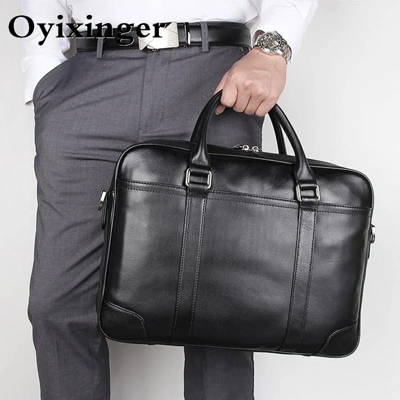 

OYIXINGER 100% Genuine Leather Men Portfolio Briefcase For 15.6" Laptop Bag Cowhide Man Business Travel Office Luxury Handbags