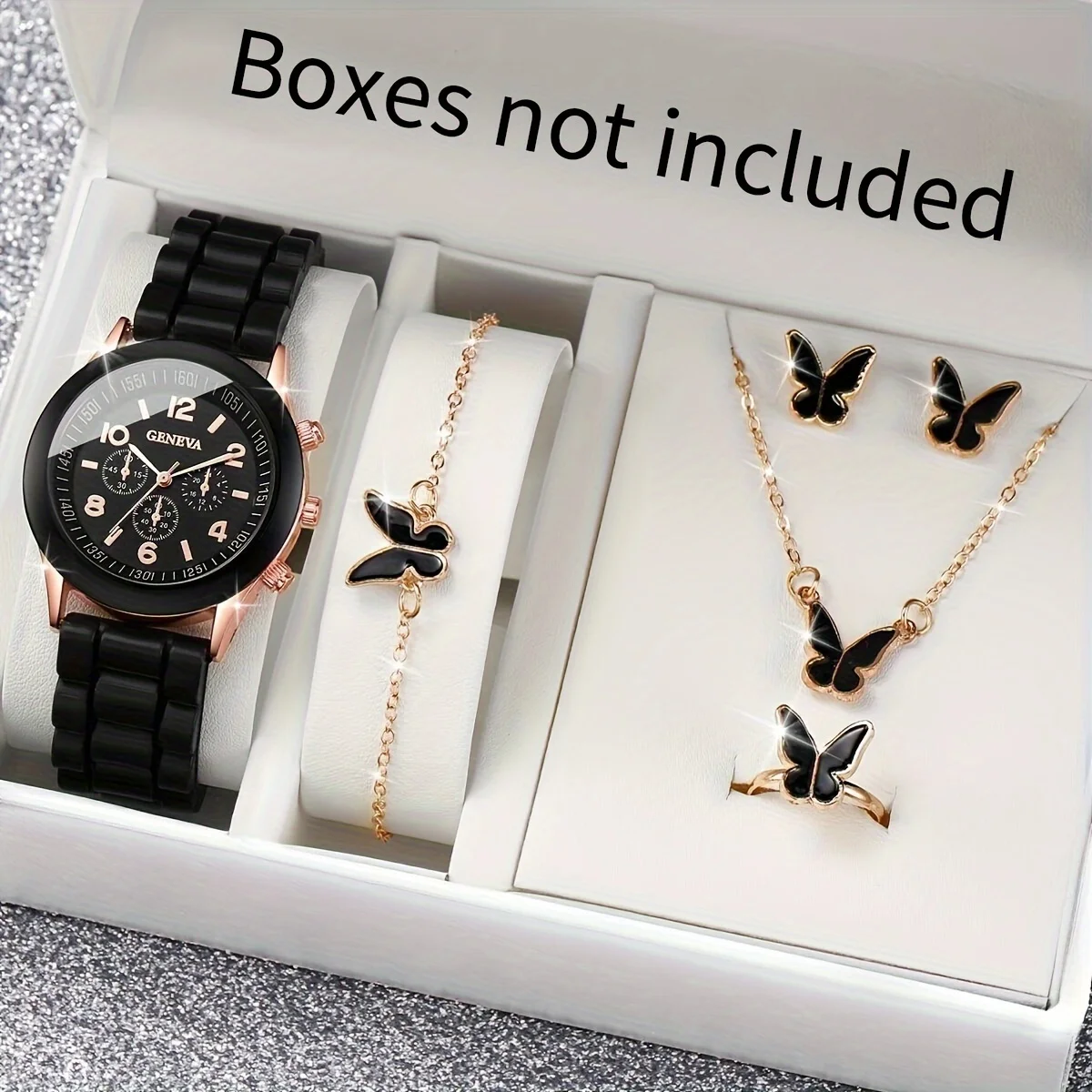 Womens Watch 5/6PCS Casual Silicone Band Quartz Butterfly Jewelry Set(Without Box)