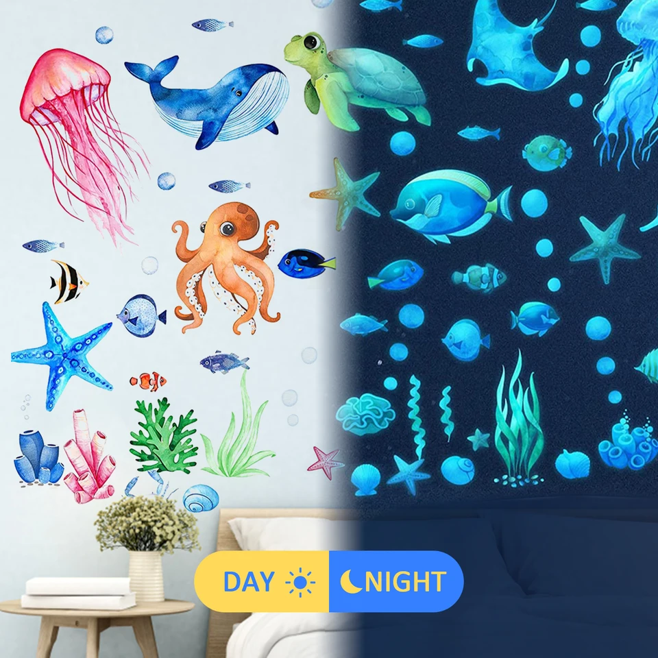 Glow In The Dark Ocean Wall Stickers - Whale, Fish & Star Decals For Kids Rooms, Removable Vinyl