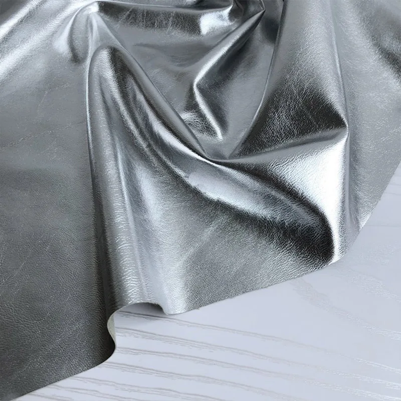 Leather Fabric Vinyl Fabric Vinyl Sewing Fabric Silver Soft Durable PU Faux Leather Fabric Woven Bottom Non Elastic Clothing Designer Fabric Sewing Material